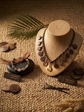 Vintage Artisan Coco Shell & Frosted Glass Boho Choker Necklace & Bracelet Set